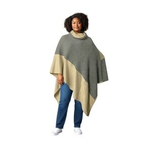 Womens One Size Two Tone Cowl Neck Poncho Sweater Gray Beige